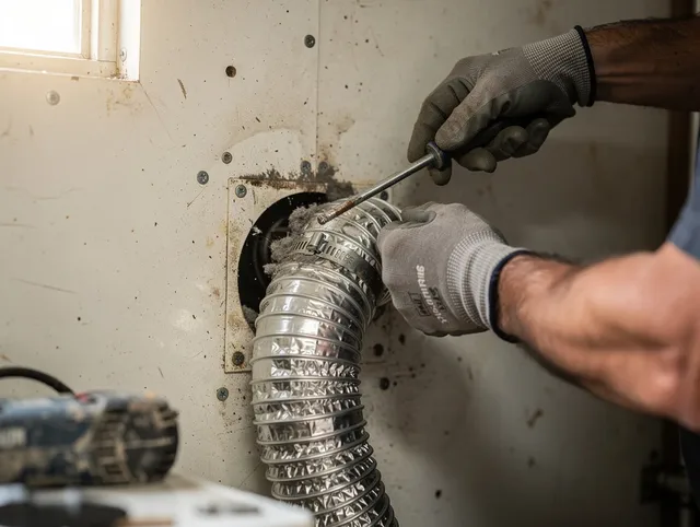 Pasadena Dryer Vent Cleaning technician performing precise dryer vent hose installation in Pasadena